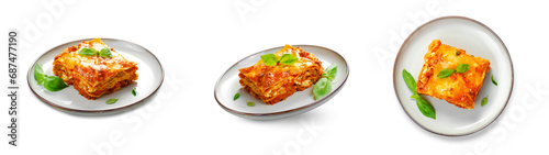 Delicious Homemade Lasagna with Bolognese Sauce on White Background, Italian Cuisine, Tasty Baked Lasagna