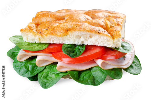 Focaccia Sandwich with Ham, Tomatoes, and Spinach, Sandwich with Italian Flat Bread on White Background