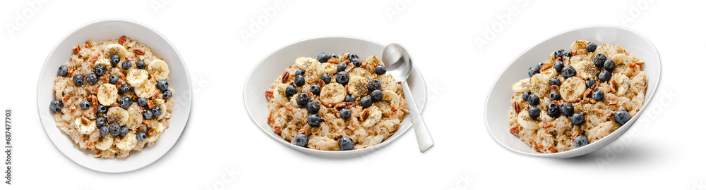Oatmeal Bowl, Oat Porridge with Blueberry, Banana and Pecans in a Bowl on White Background, Healthy Snack or Breakfast