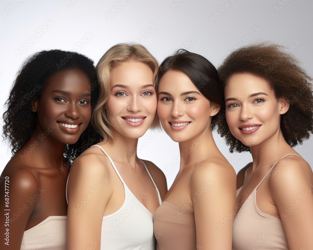 Skincare, diversity and women hug portrait for inclusivity, happiness and healthy skin texture. Interracial beauty and model group with woman of color smile for cosmetic campaign isolated on white Skincare, diversity and women hug portrait for inclusivity, happiness and healthy skin texture. Interracial beauty and model group with woman of color smile for cosmetic campaign isolated on white
