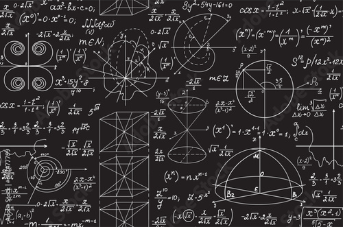 Educational "back to school" vector seamless pattern with handwritten math and physics formulas, figures and calculations