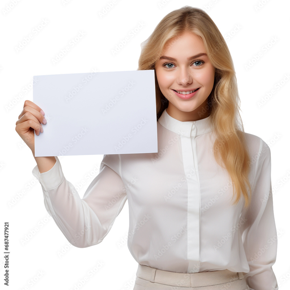 woman holding white banner, isolated on white transparent background woman holding white banner, isolated on white transparent background