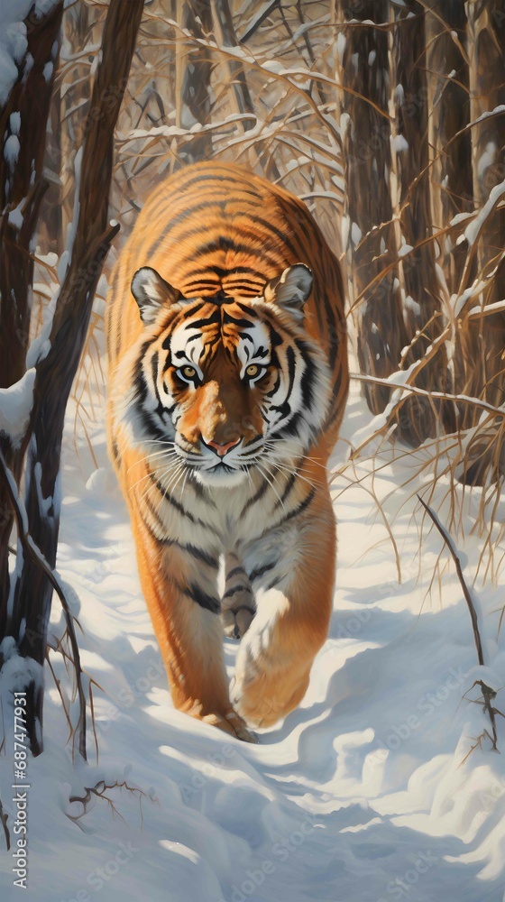 oil painting of a Siberian tiger in snow
