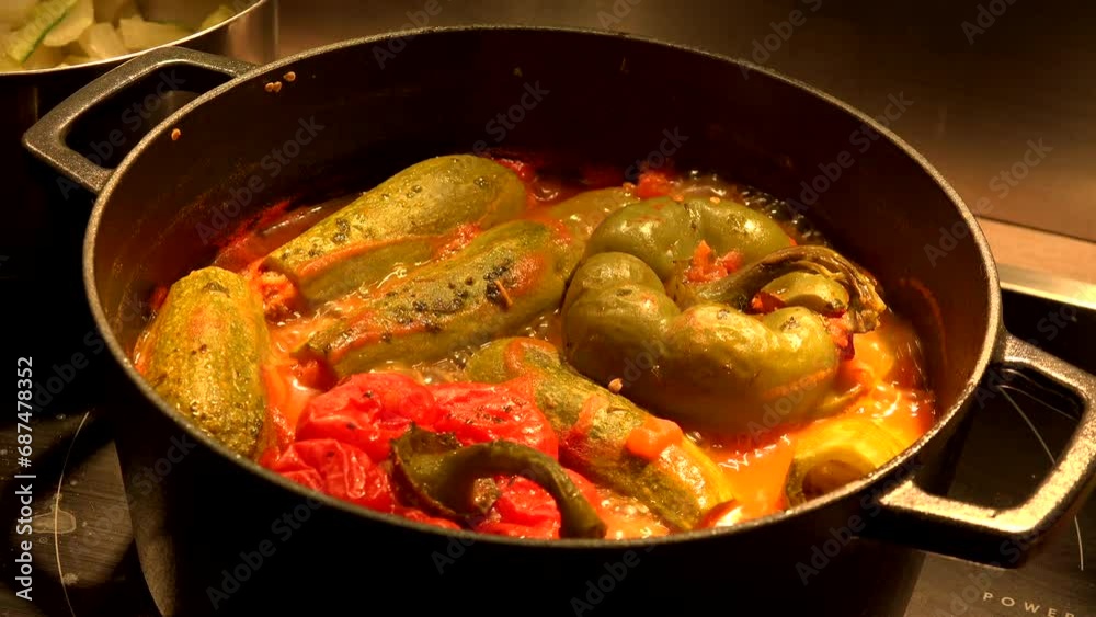 Whole mini courgettes and stuffed peppers cooking in a boiling dish. High quality 4k footage Whole mini courgettes and stuffed peppers cooking in a boiling dish. High quality 4k footage