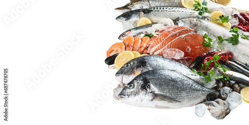 Fresh seafood, fish, shrimp, squid, shellfish, soaked in ice, white background