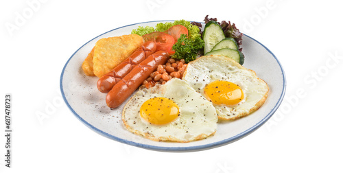 Fried eggs and breakfast hotdogs served in a plate on a white background
