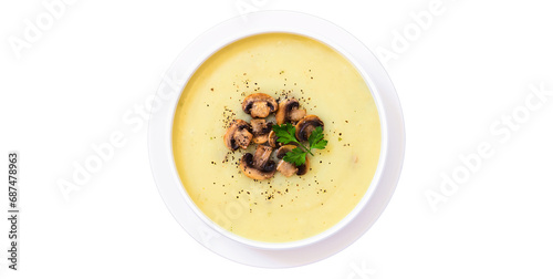 Mushroom soup. Western food. View from above on white background