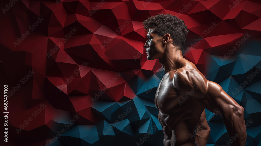 portrait of an athlete, realistic muscle texture within geometric shapes, action captured in stillness - obrazy, fototapety, plakaty 