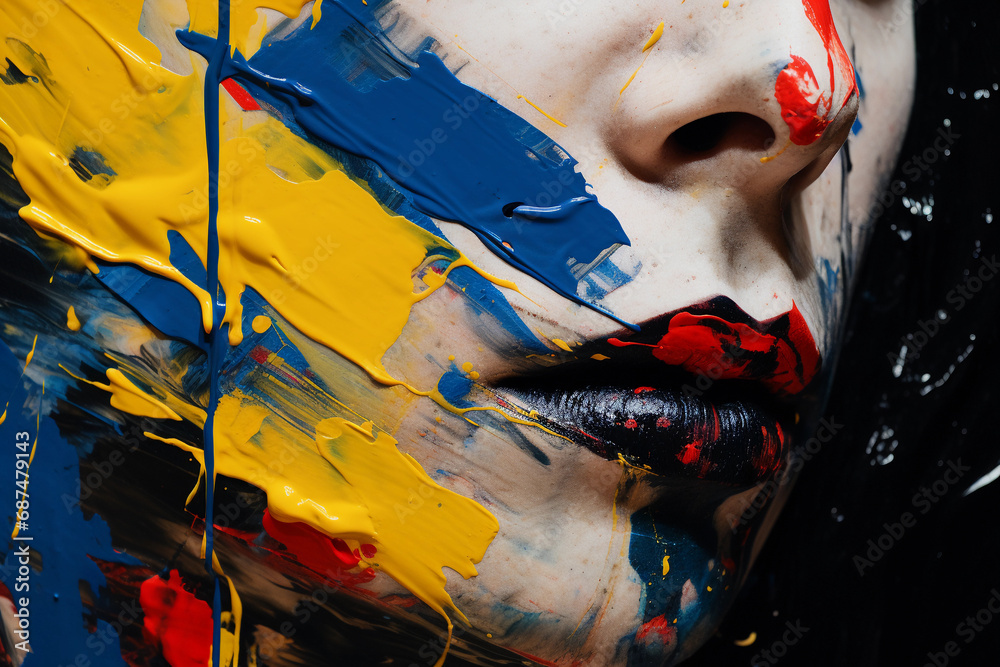 pensive figure, face partially obscured by bold, paint strokes in primary colors, high contrast