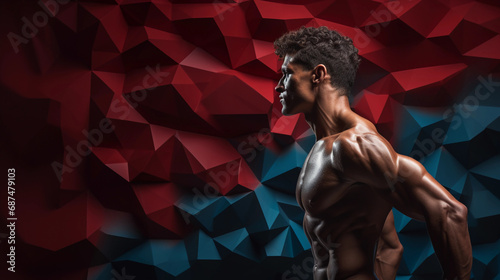 portrait of an athlete, realistic muscle texture within geometric shapes, action captured in stillness