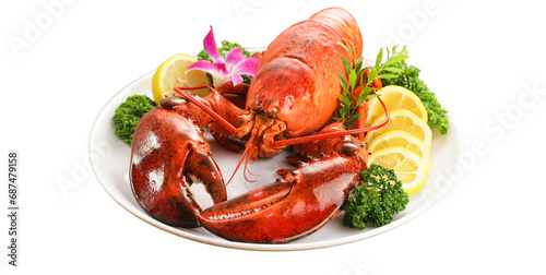 Seafood baked lobster placed in a plate on a white background