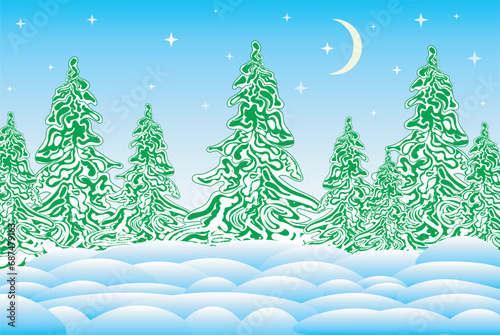 Beautiful winter landscape with frozen fir-trees and snowbanks, vector illustration