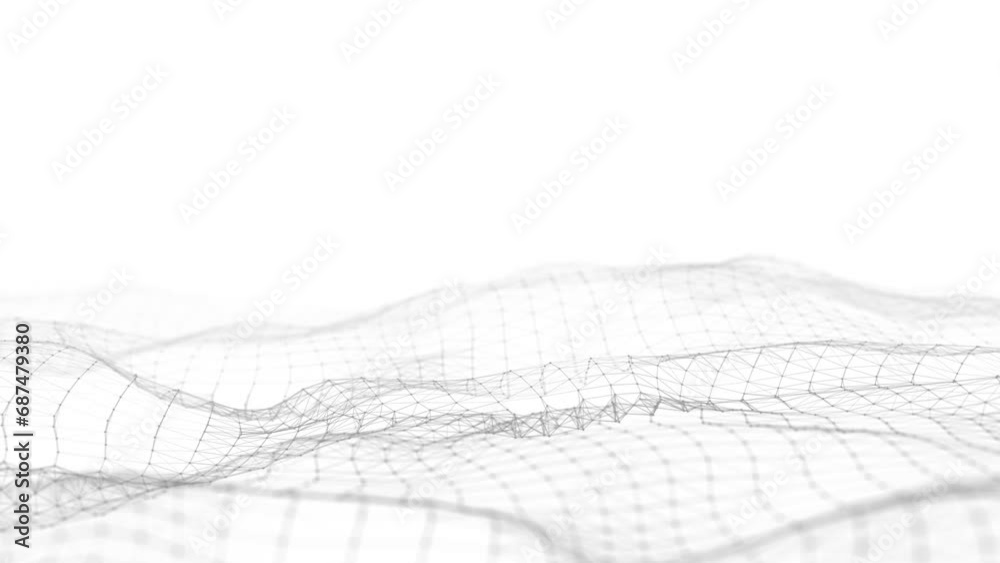 Abstract technology wave of particles. Big data visualization. Light background with motion dots and lines. Artificial intelligence. 3d rendering.