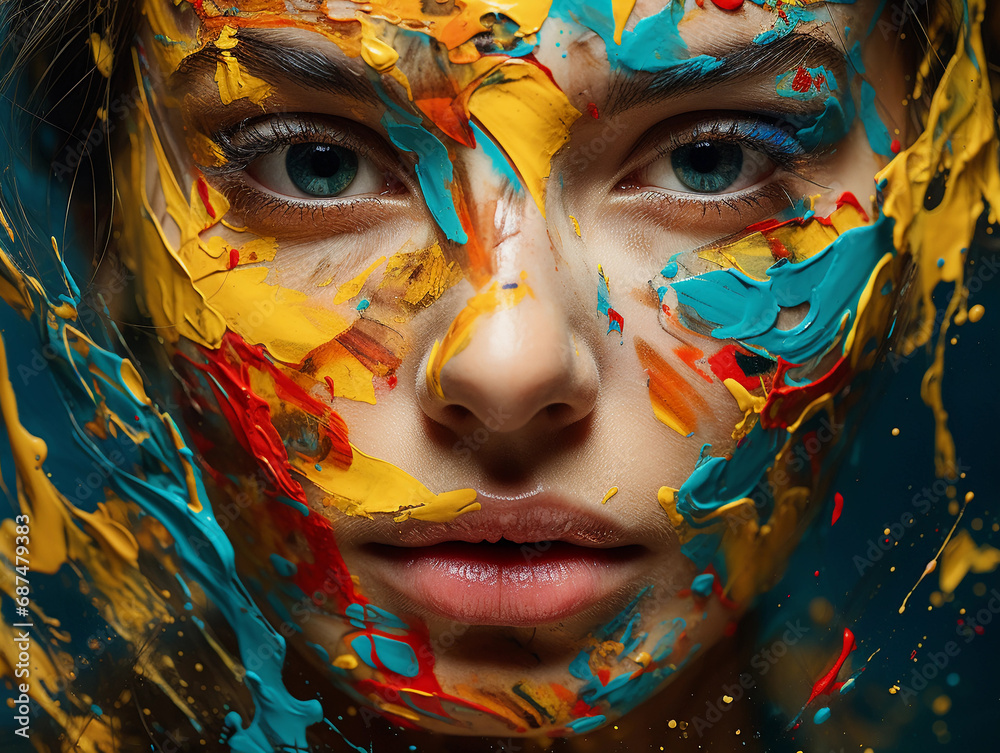 Abstract Expressionism, vibrant splashes of color across the face, eyes like pools of abstract patterns