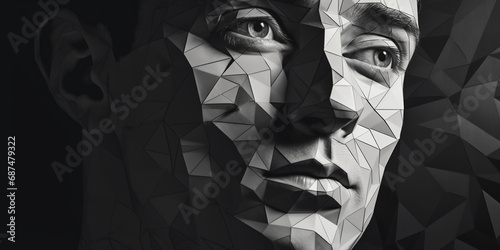 cubist depiction of a male face, sharp angular shapes, deep monochromatic shades, textured skin