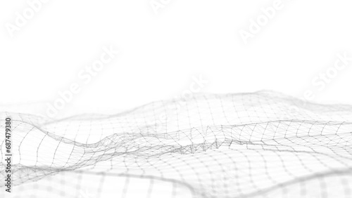Abstract technology wave of particles. Big data visualization. Light background with motion dots and lines. Artificial intelligence. 3d rendering.