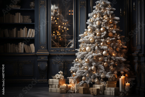 Beautiful Christmas tree decorated with toys in room, winter, night, beautiful light, AI generate © Denis