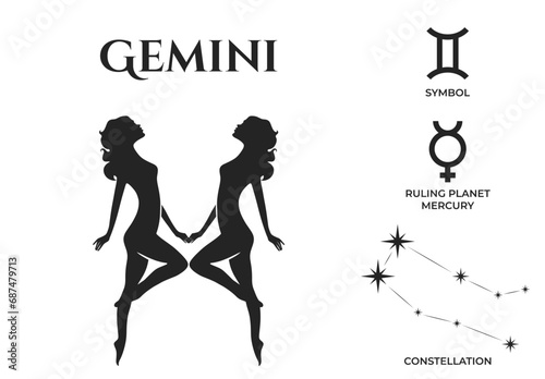 gemini zodiac sign, constellation and mars ruling planet symbol. astrology and horoscope vector design
