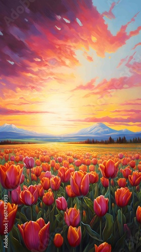 oil painting of a tulip field at sunrise