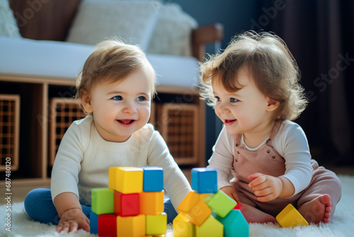 Two small children sitting on the floor in the living room can use cubes to make a pyramid and thus train their motor skills and attention.