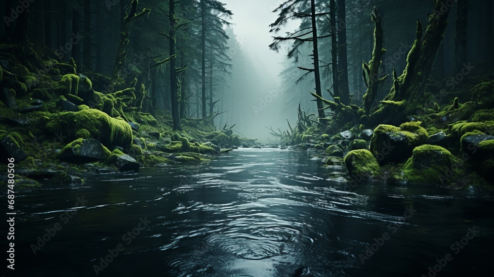 Mysterious fog hovering over forest waters - obrazy, fototapety, plakaty 