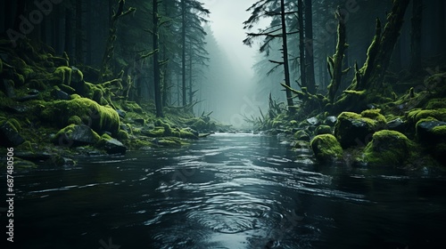 Mysterious fog hovering over forest waters photo