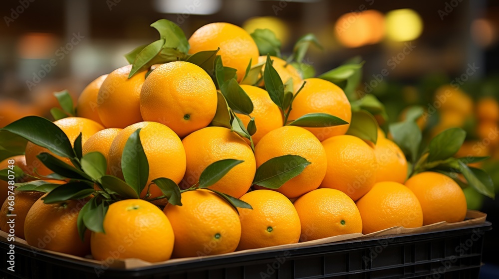 Fresh orange fruits displayed in a supermarket