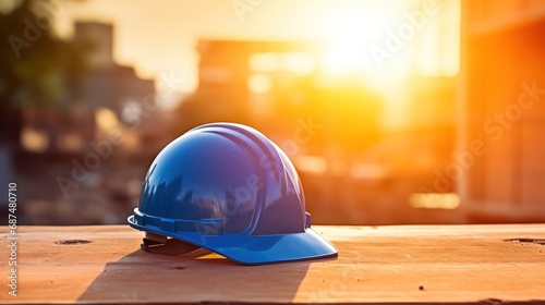 A blue safety helmet or hardhat for the construction worker which is placed on the ground  photo