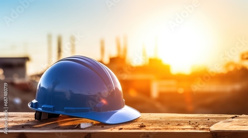 A blue safety helmet or hardhat for the construction worker which is placed on the ground 