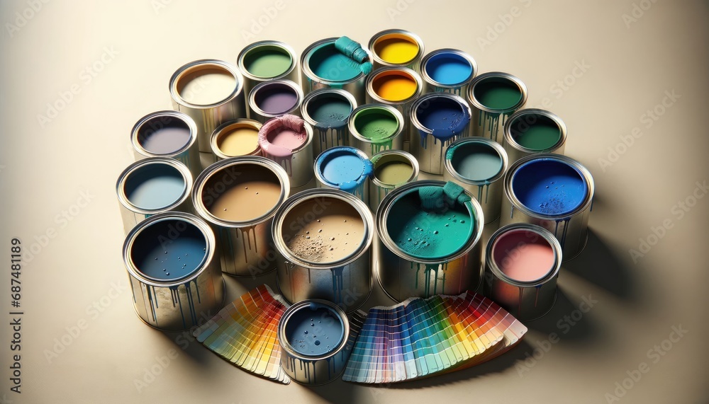 A vivid display of open paint cans viewed from above, each brimming with different hues of blues, greens, and a hint of yellow. A vivid display of open paint cans viewed from above, each brimming with different hues of blues, greens, and a hint of yellow.