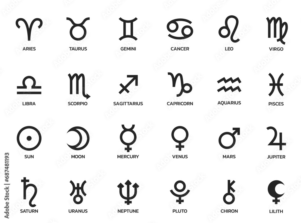 astrology symbol set. zodiac signs and planet symbols. astronomy and horoscope sign - obrazy, fototapety, plakaty 
