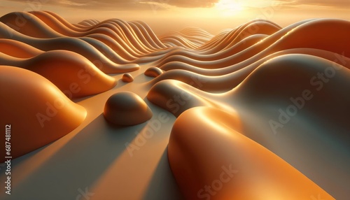 3D-rendered landscape of smooth, flowing shapes that resemble golden sand dunes under a sunset sky.