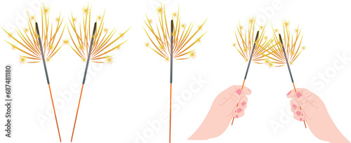 Sparklers. Hand holding burning sparklers. Vector illustration set of Celebration of New Year, birthday, Christmas.