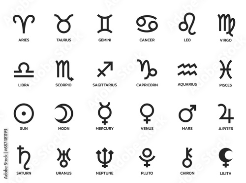 astrology symbol set. zodiac signs and planet symbols. astronomy and horoscope sign photo