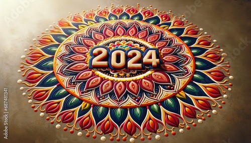 Traditional Indian rangoli, with the year '2024' etched at its heart. Vibrant colors and elaborate patterns surround the numbers, styled to celebrate the onset of the New Year.  photo