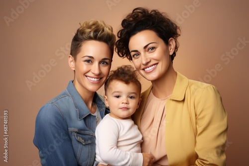 Studio family portait with two mothers and a child. LGBTQ nonbinary couple with a kid. Tolerance, diversity concept photo
