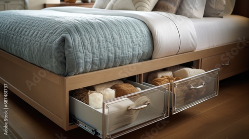 Drawers and cabinets hidden under the bed. Storage solution for small space photo