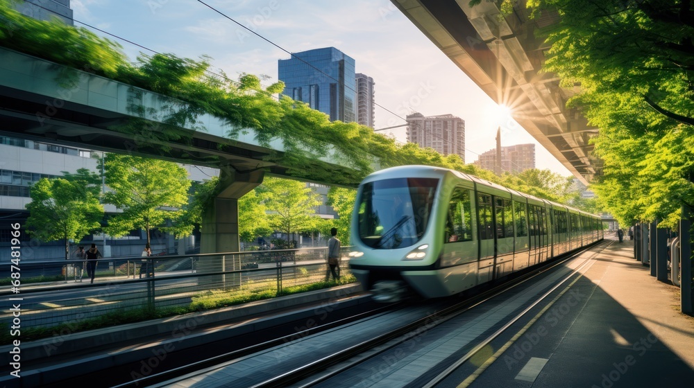 In front of the sky train Running with green trees on both sides of the city.A big city with a good environment, a city without pollution. In front of the sky train Running with green trees on both sides of the city.A big city with a good environment, a city without pollution.