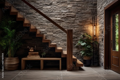 Rustic traditional hallway with wooden staircase and stone wall
