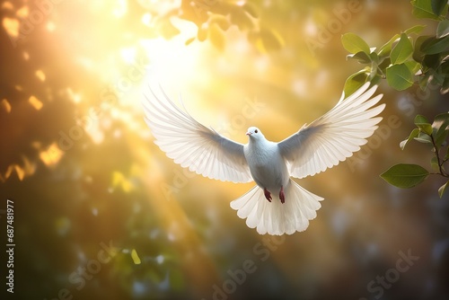 A white dove, a bird of peace, flying in the forest illuminated by the rays of the golden sun.