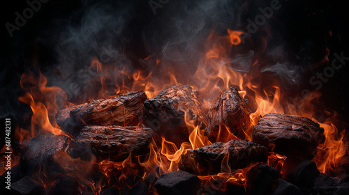 Sizzling Charcoal for Barbecue Background: Close-Up of Flames and Grilling Texture - Hot Summer Cookout for Gourmet Culinary Arts and Family BBQ Parties.