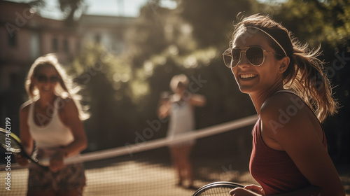 Women playing tennis in summer golden hour photo