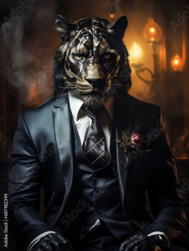 Elegant Black Panther in a Suit with a Tie and Boutonniere, Personifying Strength and Leadership in a Mysterious Smoke-filled Ambience