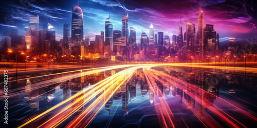 Futuristic urban nightscape with vibrant light trails from traffic in a modern city with skyscrapers and a dynamic sky © Bartek