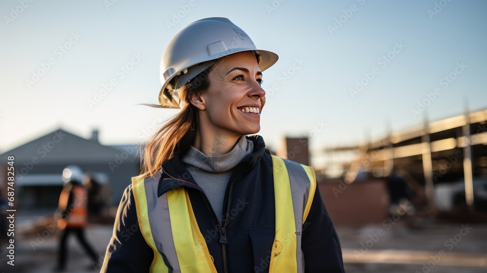 Portrait of a beautiful female engineer looking to the side on construction site