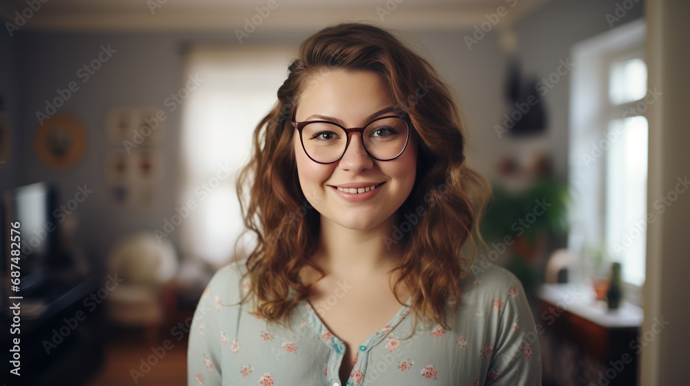 a elegant chubby 30 years old woman looking at camera being nerdy, hipster, wearing a dress,  - obrazy, fototapety, plakaty 