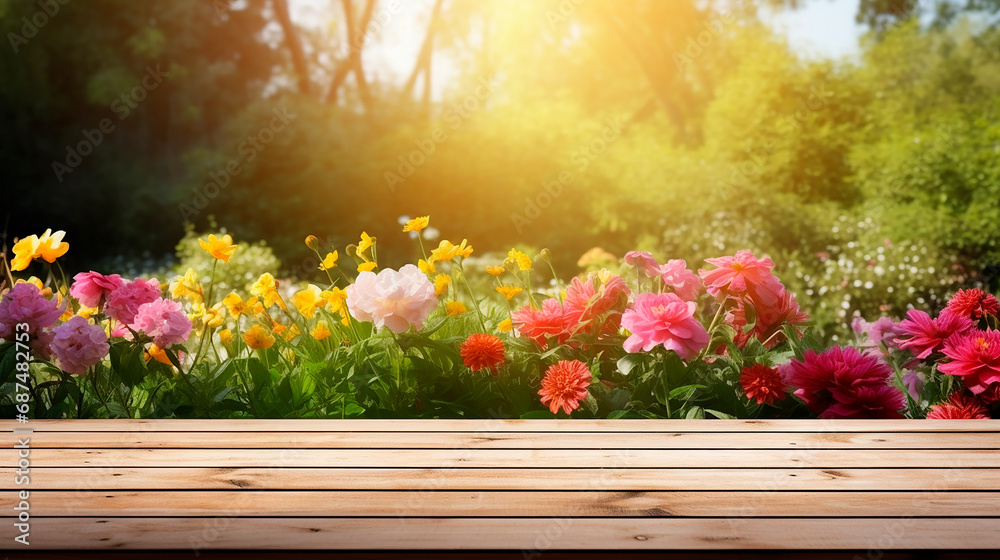 Empty wooden table against a background of garden with flowers 