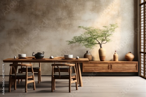 Dining area blending Japandi aesthetics with a European touch
