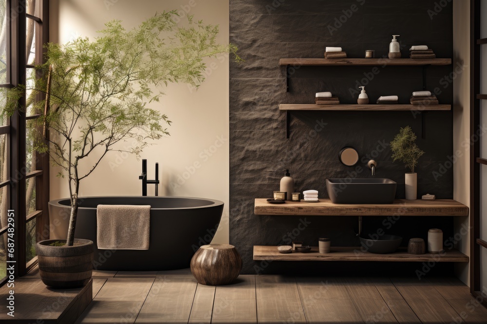 Obraz na płótnie Japandi style bathroom with dark furniture. Interior design with tranquil ambiance w salonie