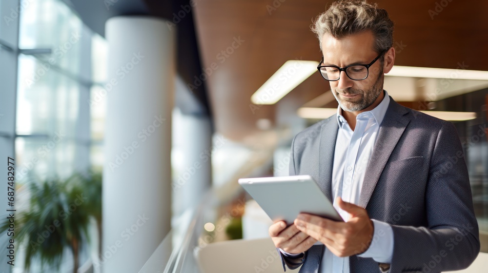 portrait of man and tablet in office for engineering, fresh face, bright tones 